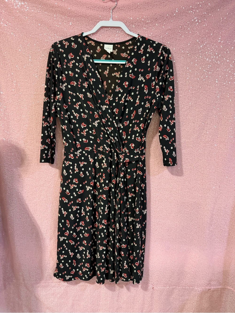 Kaileigh Black Midi Wrap Dress with Red Floral Print J2